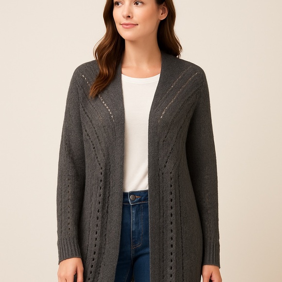 Laura Ashley Charcoal Gray wool blend open knit long line cardigan sweater sz Lg - Picture 2 of 7